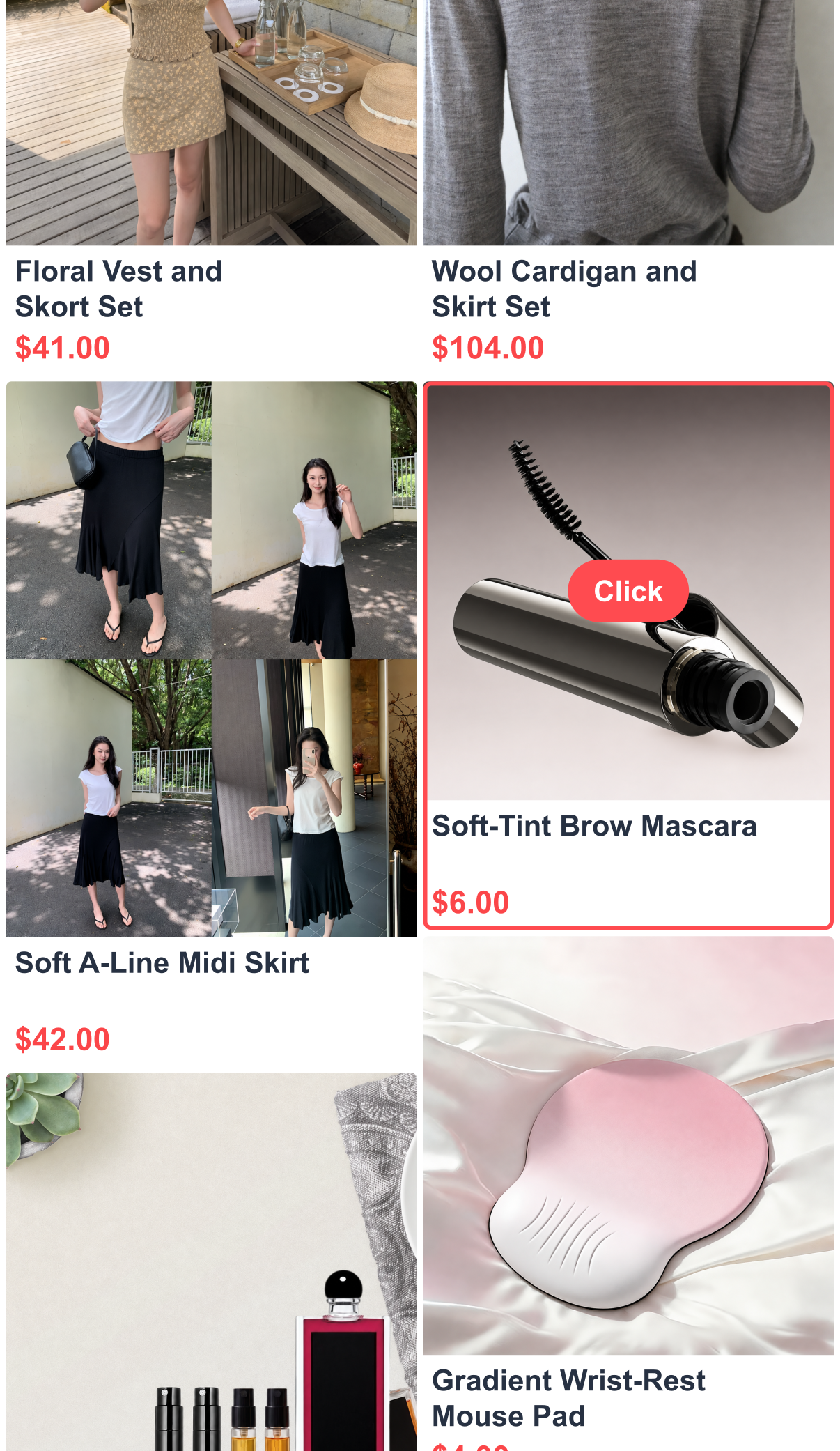 English reconstruction of a shopping feed with a brow tint selected